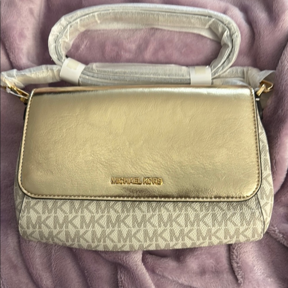 Michael Kors Cream and Gold Crossbody Bag with Monogram Print